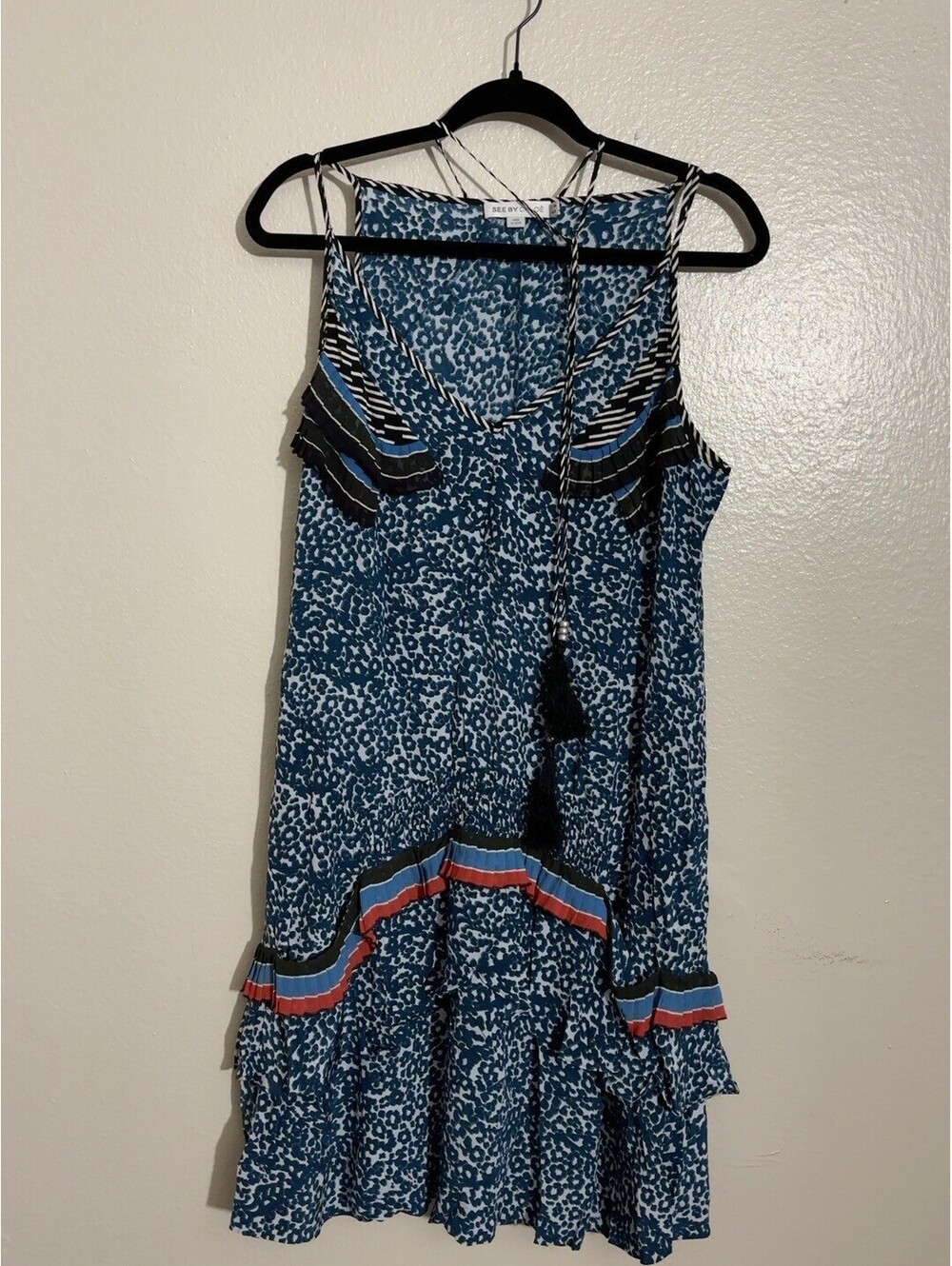 See by Chloe Blue Silk Tiered Tassel Dress US 10